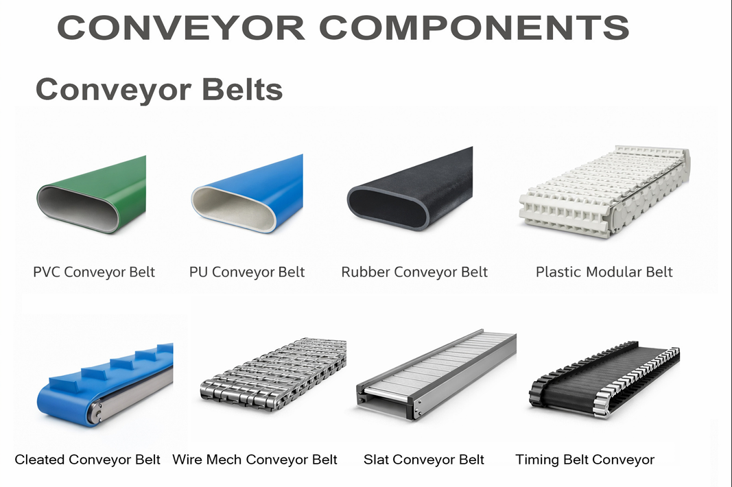 PVC, PU, rubber, plastic modular, cleated, wire mesh, slat and timing conveyor belt options