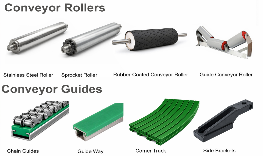 Stainless steel, sprocket, rubber-coated and guide conveyor roller options